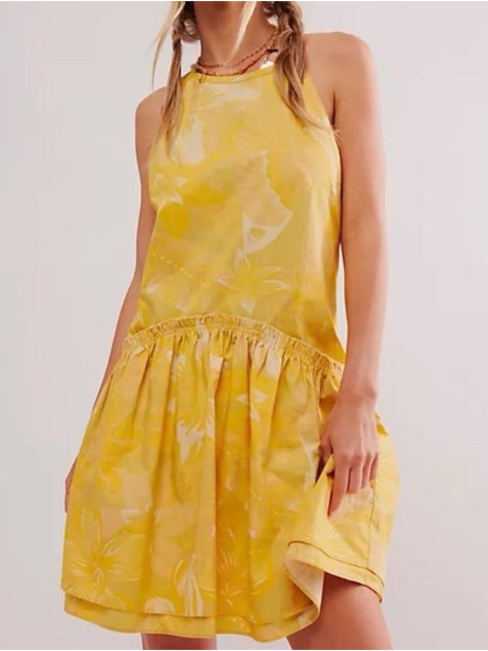 Free People Yellow Floral Halter Drop-Waist Mini Dress
